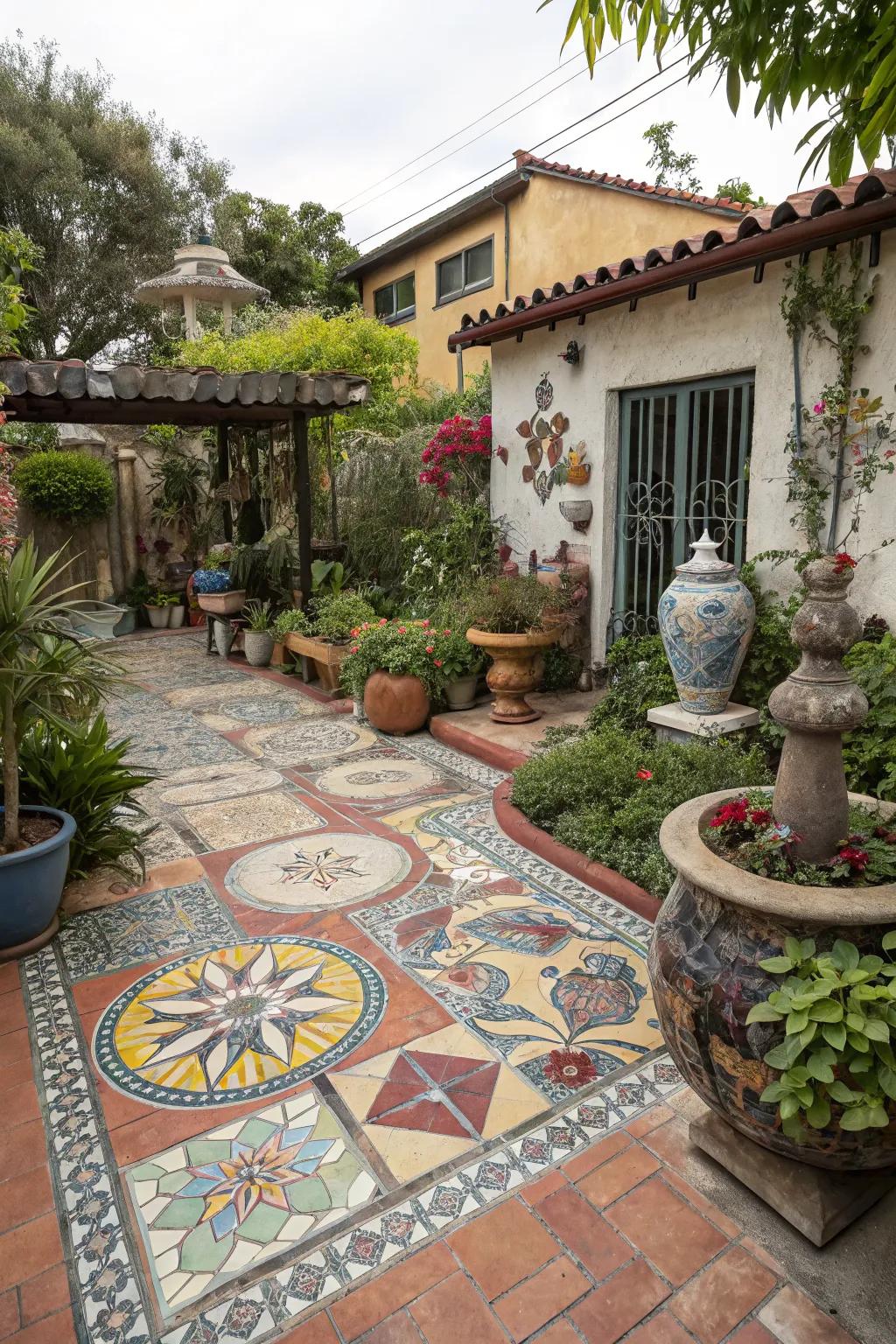 A mosaic tile patio adds a unique and artistic flair to your garden.