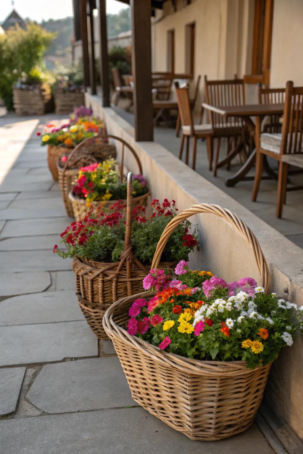 Wicker baskets make quaint and movable raised garden beds.