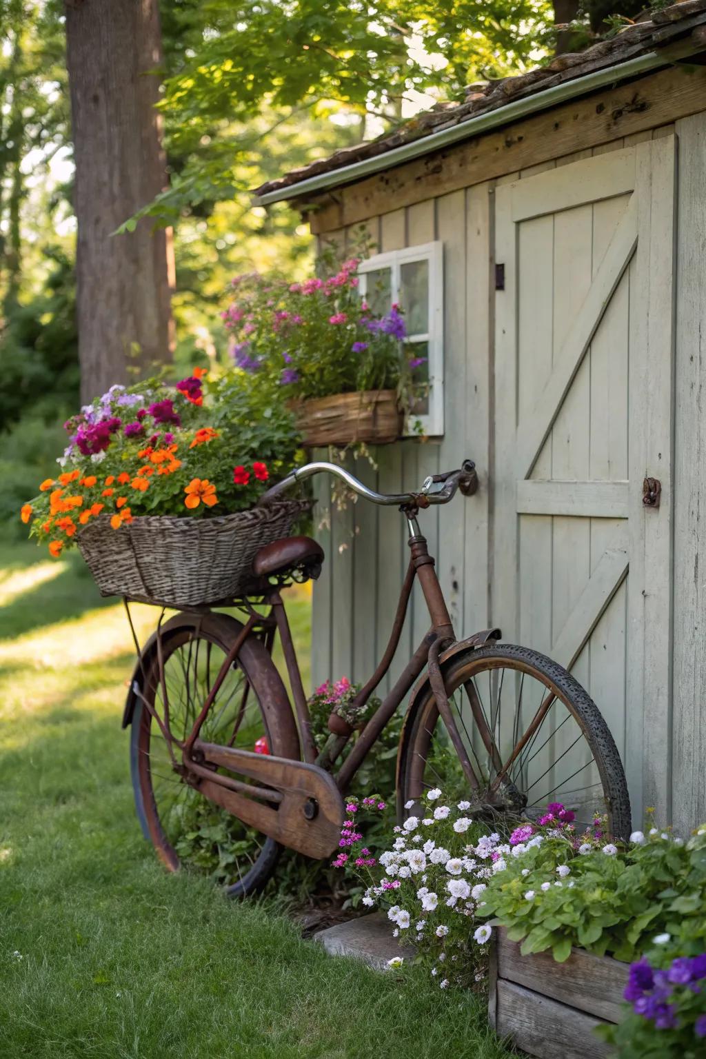 A bicycle planter adds vintage charm to a garden shed.
