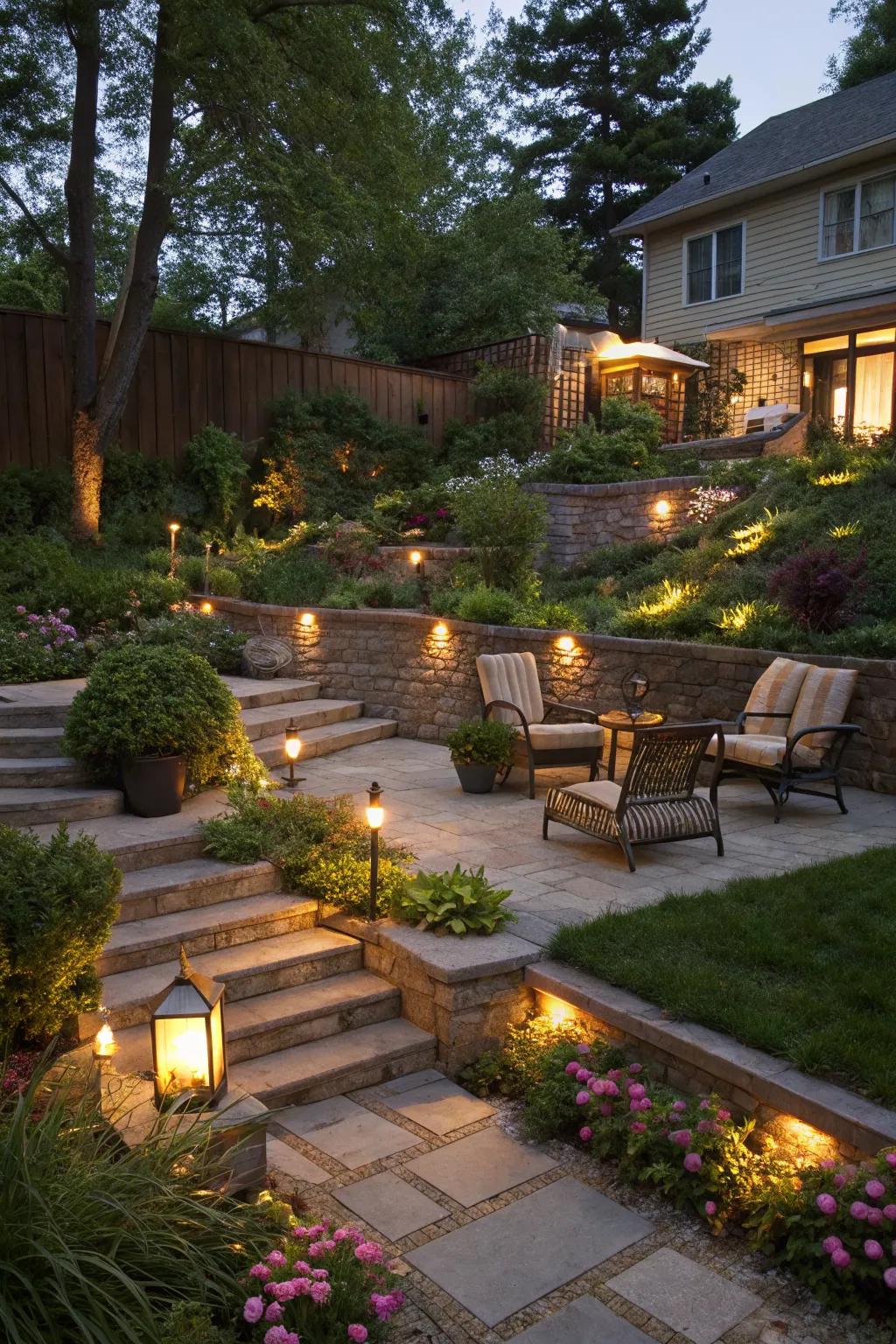 Solar lights add a magical glow to your garden tiers at night.