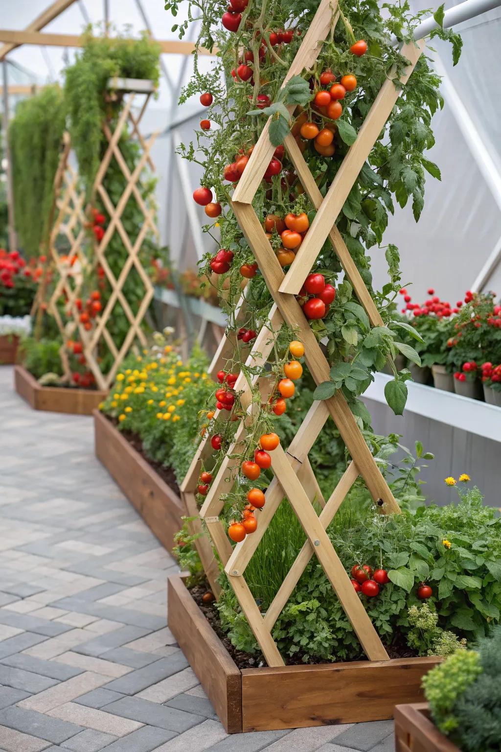 Cherry tomatoes growing on modular trellis panels in a dynamic garden setup.