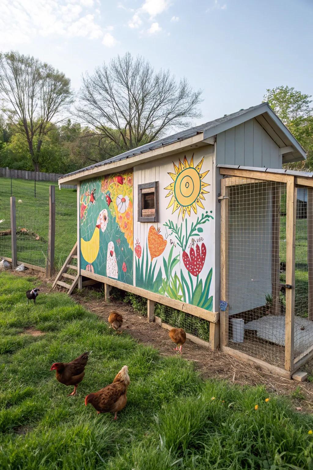 Artistic elements add a unique touch to your chicken area.