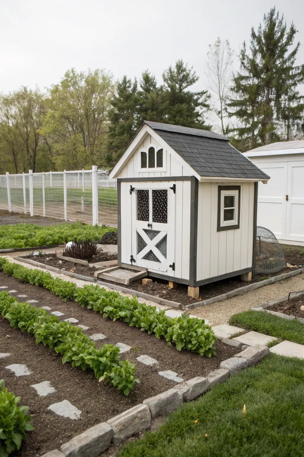A sleek and elegant chicken coop with a monochrome color scheme.