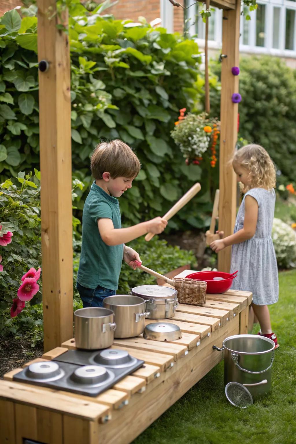 An outdoor music station invites children to explore sounds and rhythms.