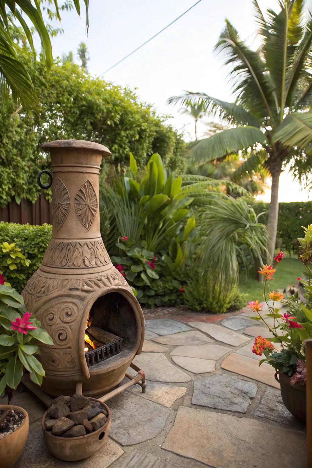 Bring a bit of the tropics to your backyard with a tiki chiminea.