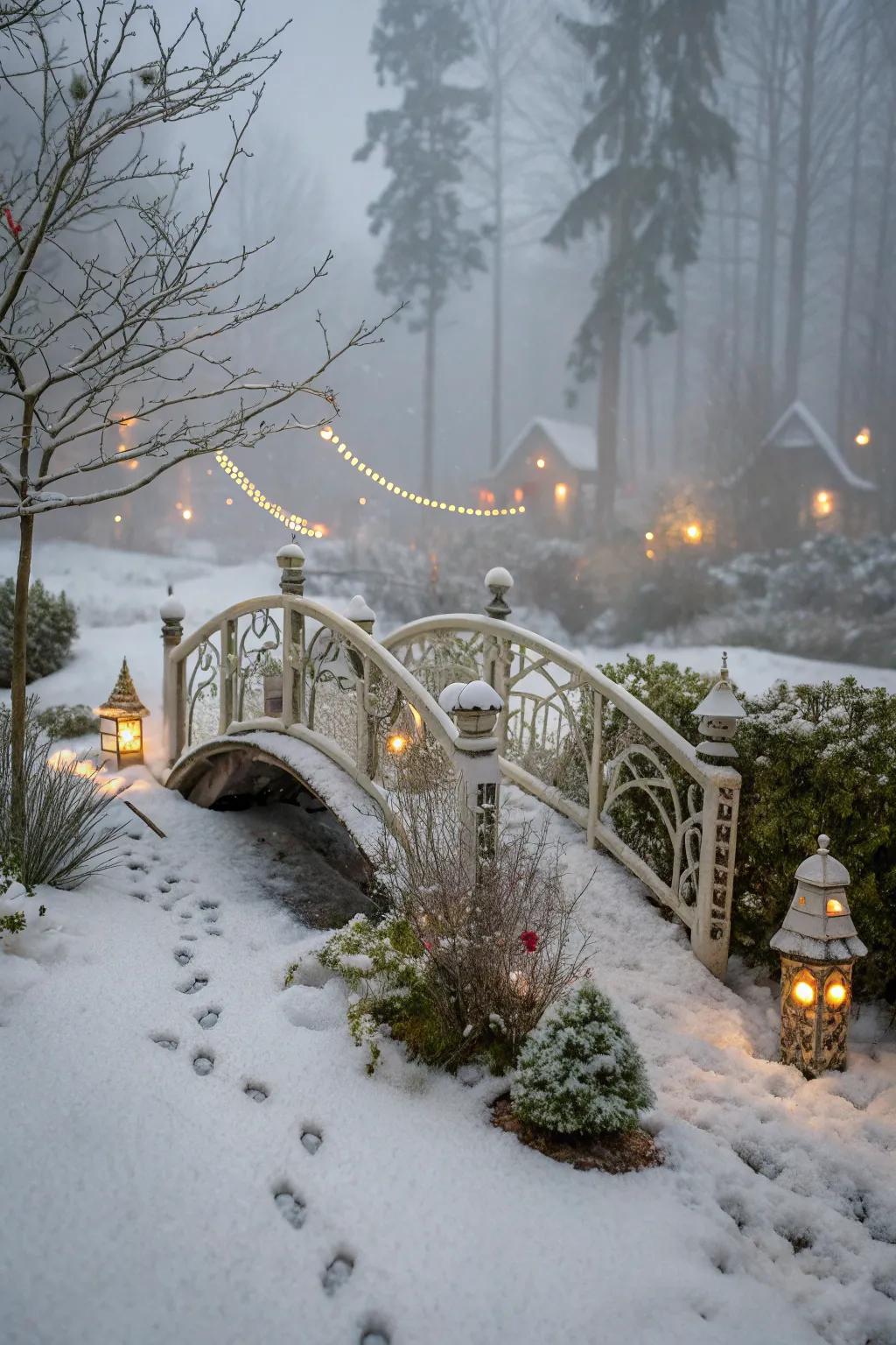 A festive bridge adds dimension and charm to your garden.