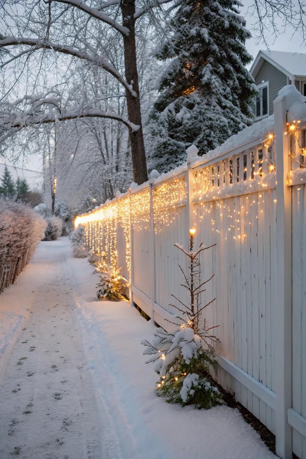 Icicle lights add a classic winter feel to the festive fence.