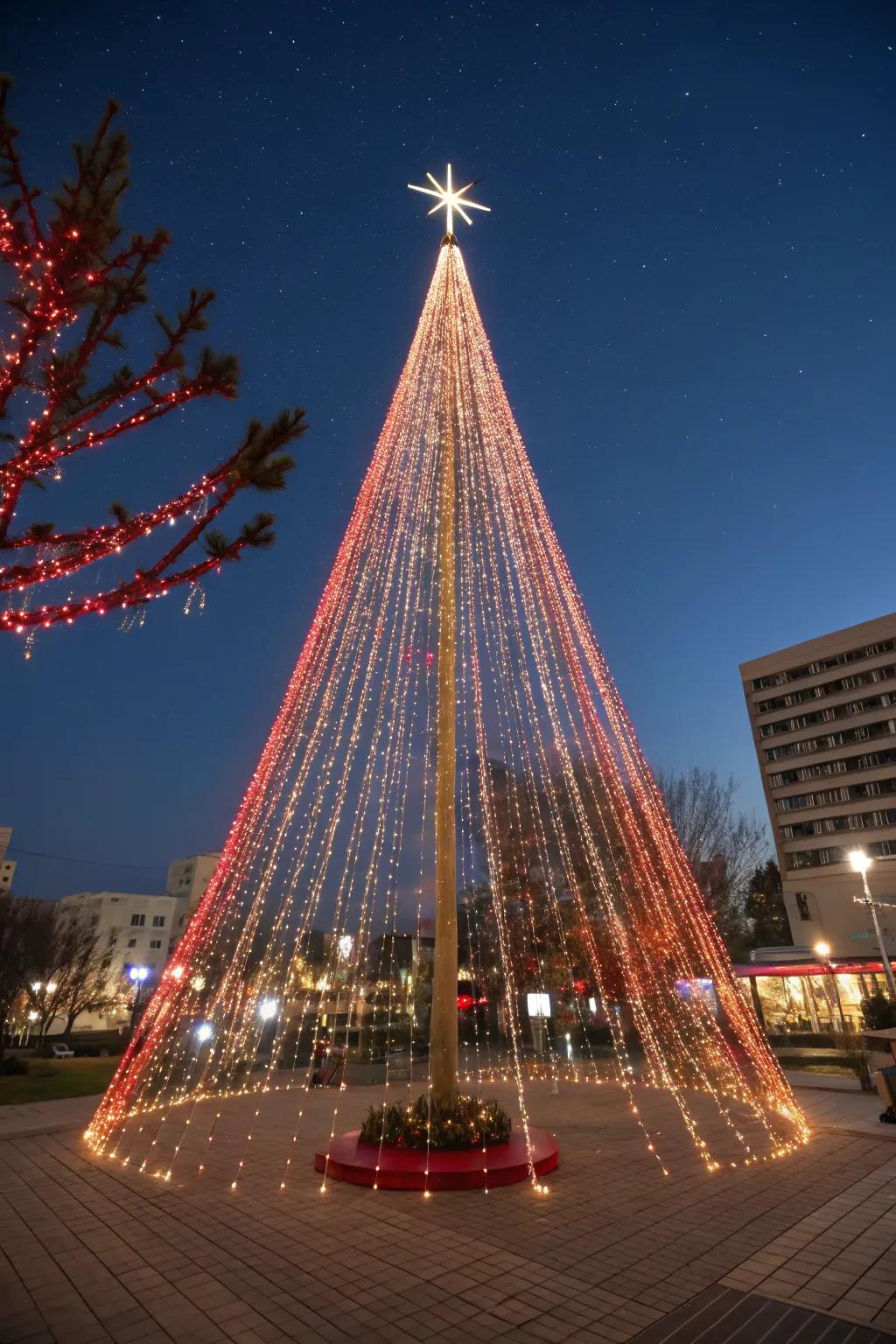 A stunning lighted Christmas tree in a yard.