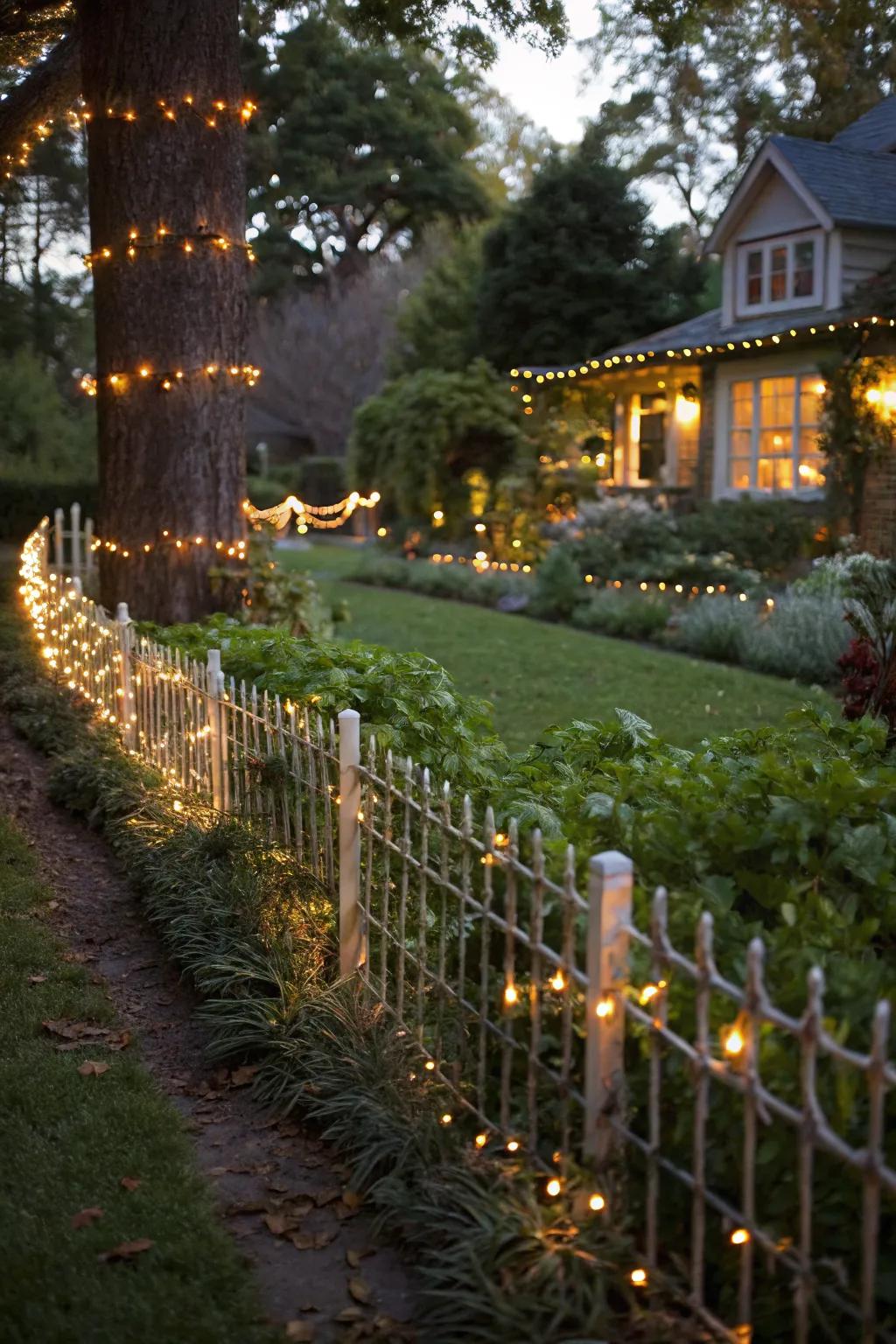 Festive fence lines with string lights adding structure and charm.