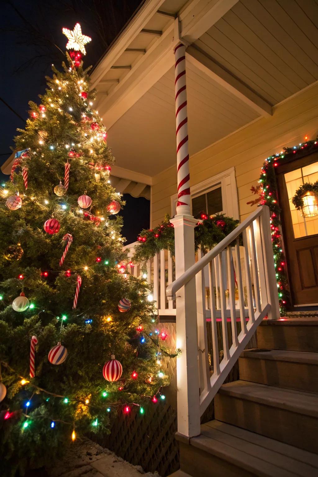 Candy cane accents introduce a playful holiday theme to your porch.