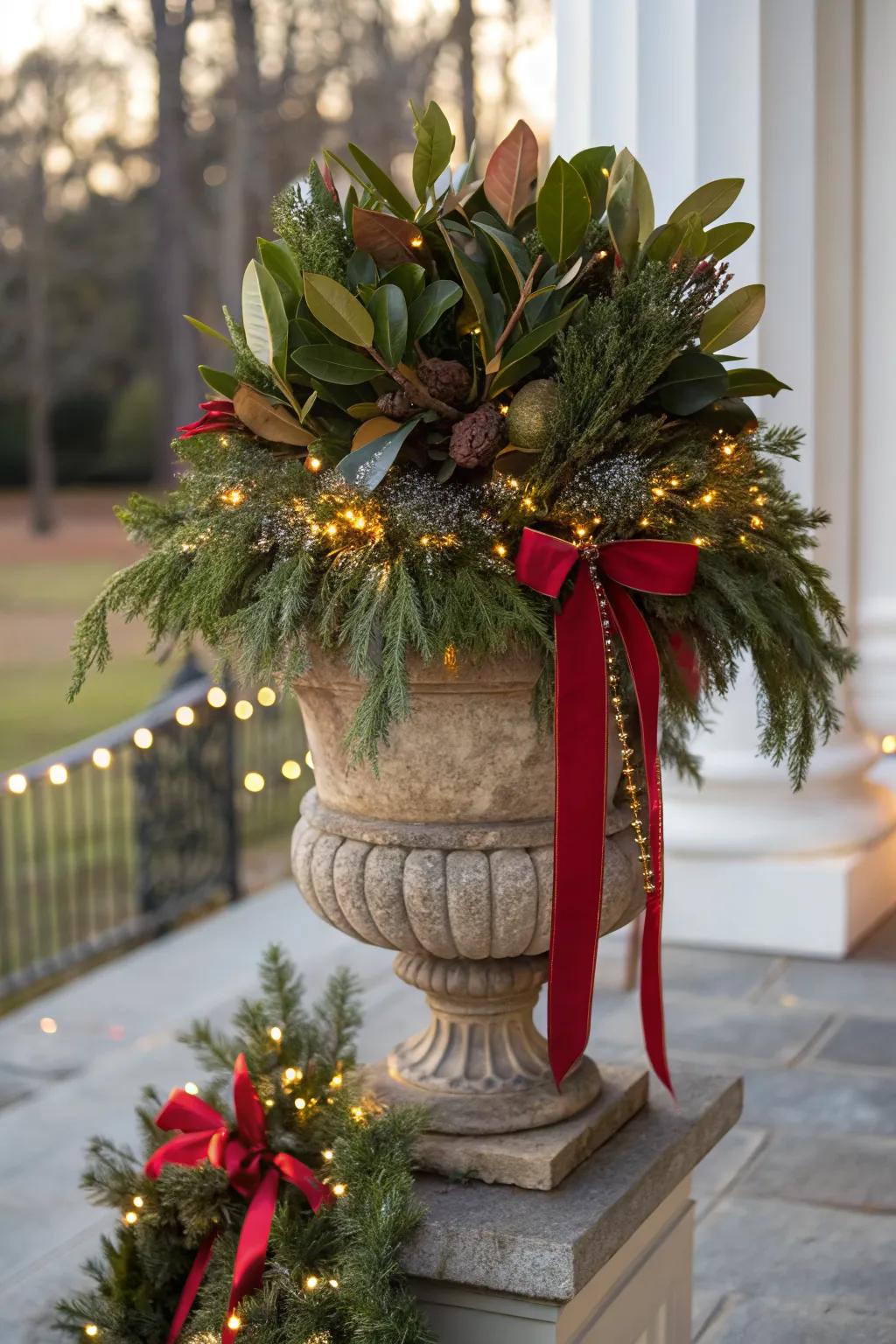 Magnolia leaves add sophistication.