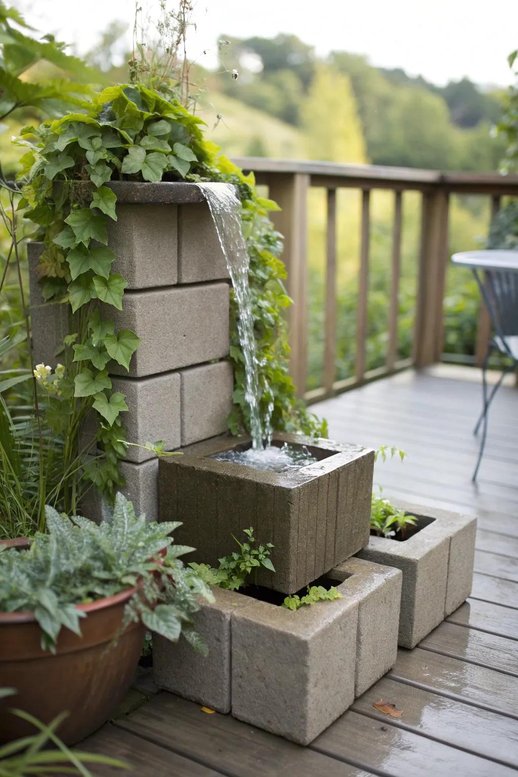 A serene water feature made from cinder blocks adds a touch of tranquility.