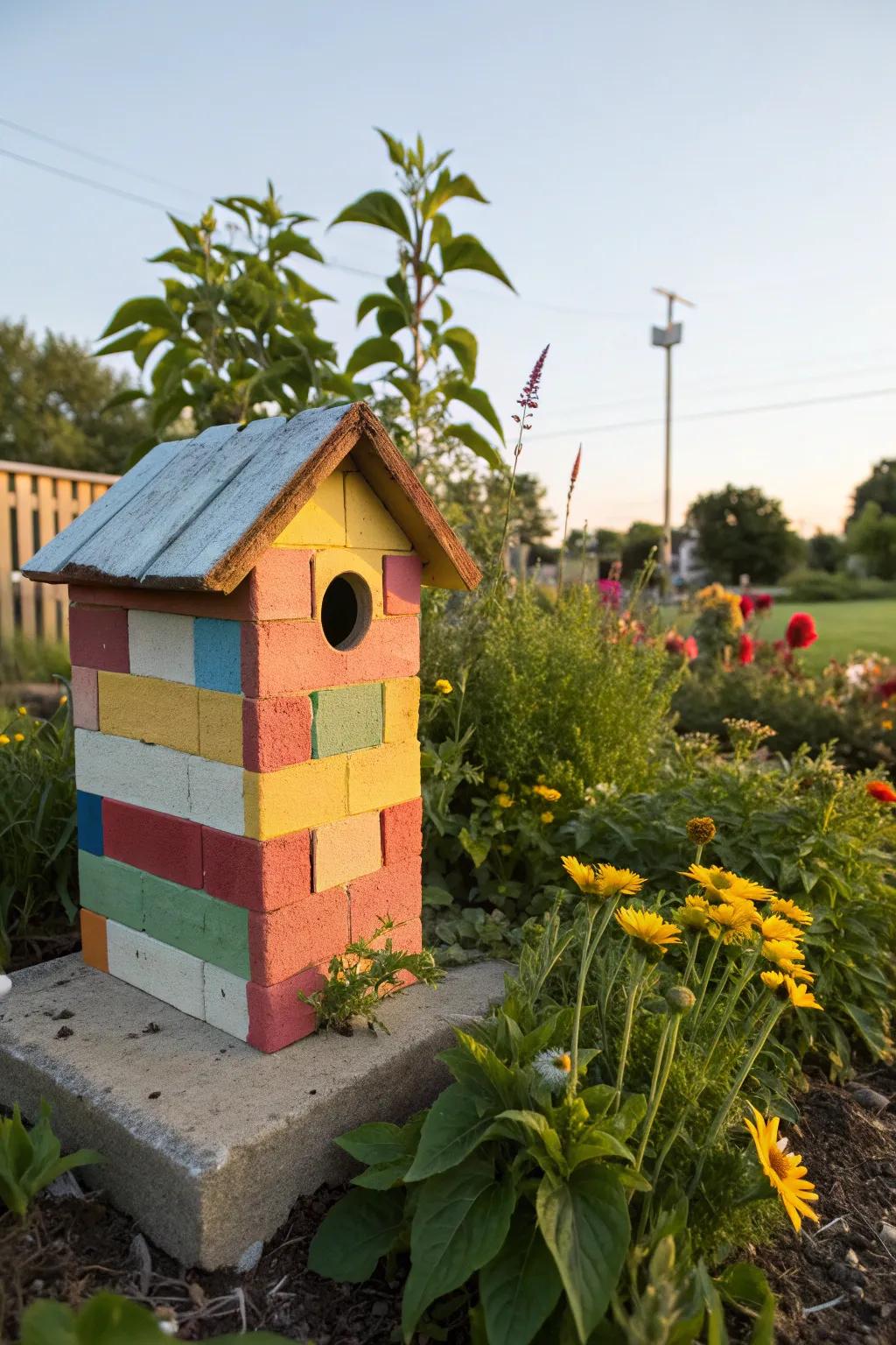 A colorful cinder block birdhouse invites cheerful birds to your garden.
