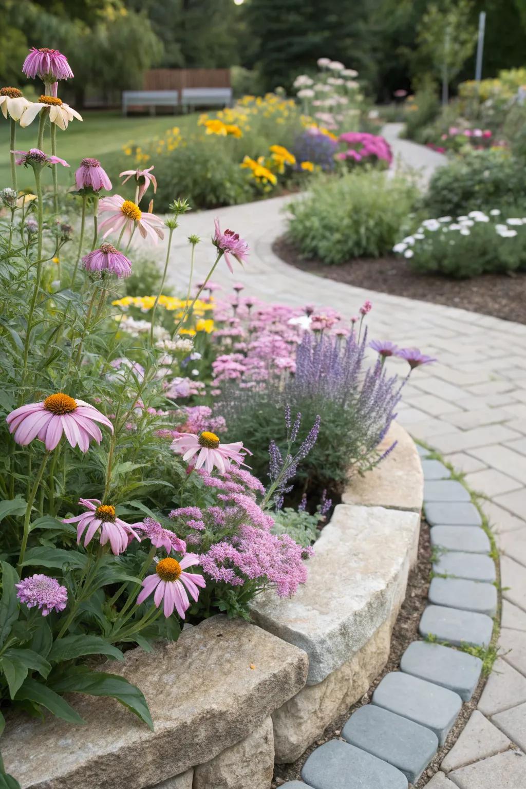 A charming cottage-style circular flower bed.