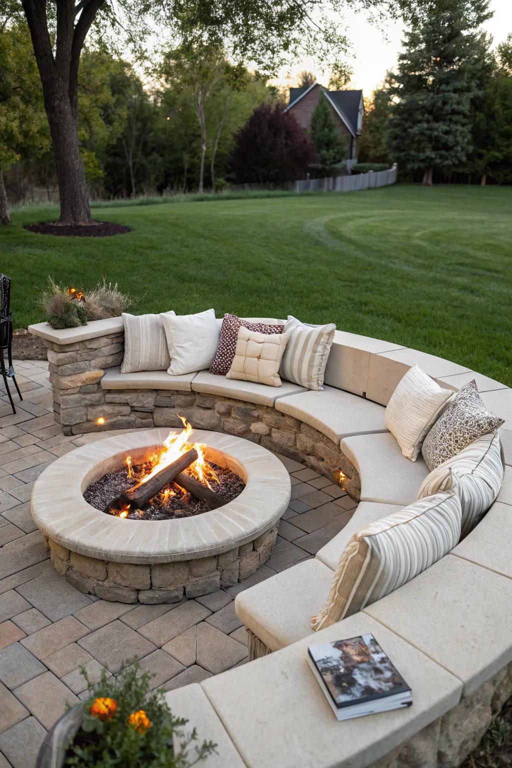 Cushions add color and comfort to any fire pit seating arrangement.
