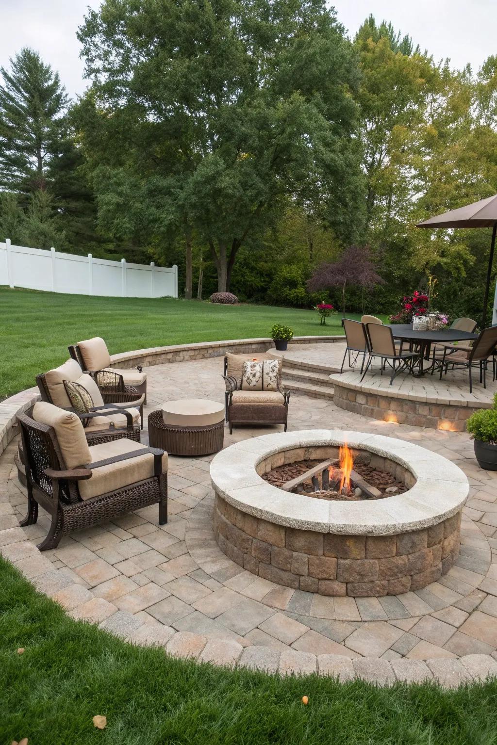 Layered seating offers a dynamic and accommodating setup around a fire pit.