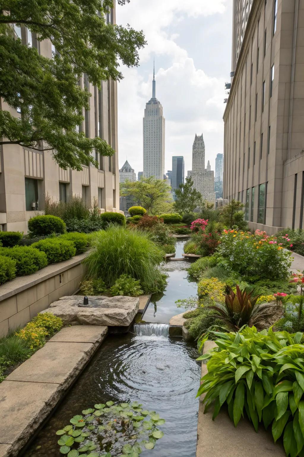 A calming water feature in a city front yard.