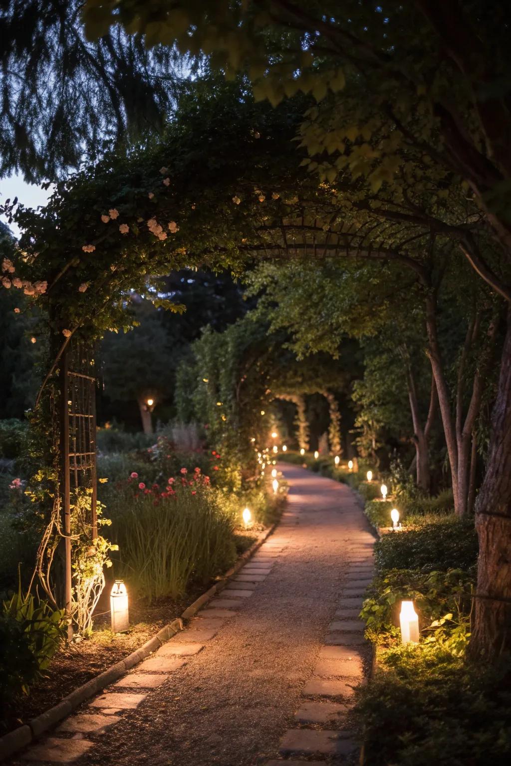 Subtle solar lighting enhancing the garden's beauty at night.