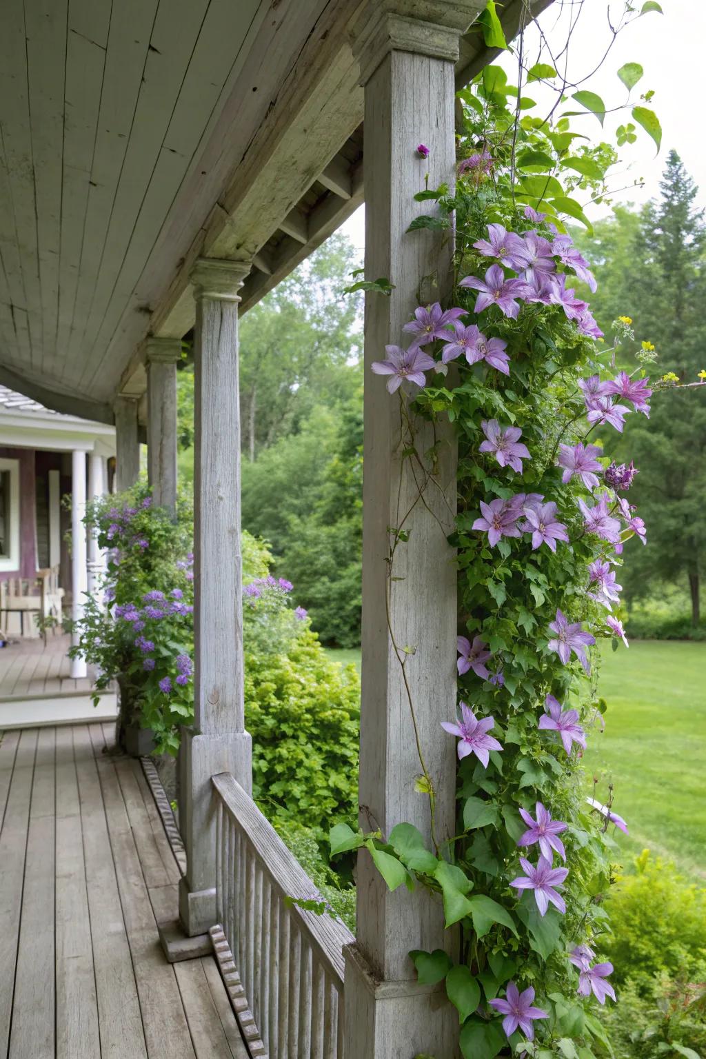 A porch enhanced by clematis-clad posts.