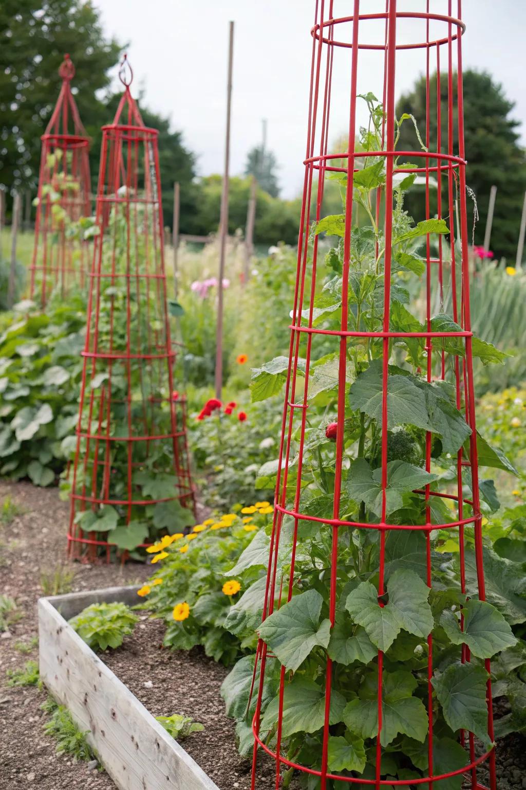 Bold red wire cages adding color and support to cucumbers.