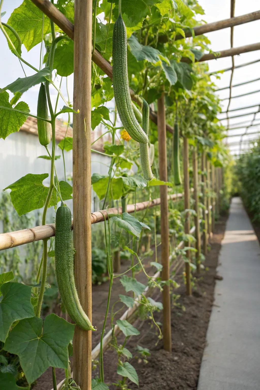 Sustainable bamboo frames supporting climbing cucumbers