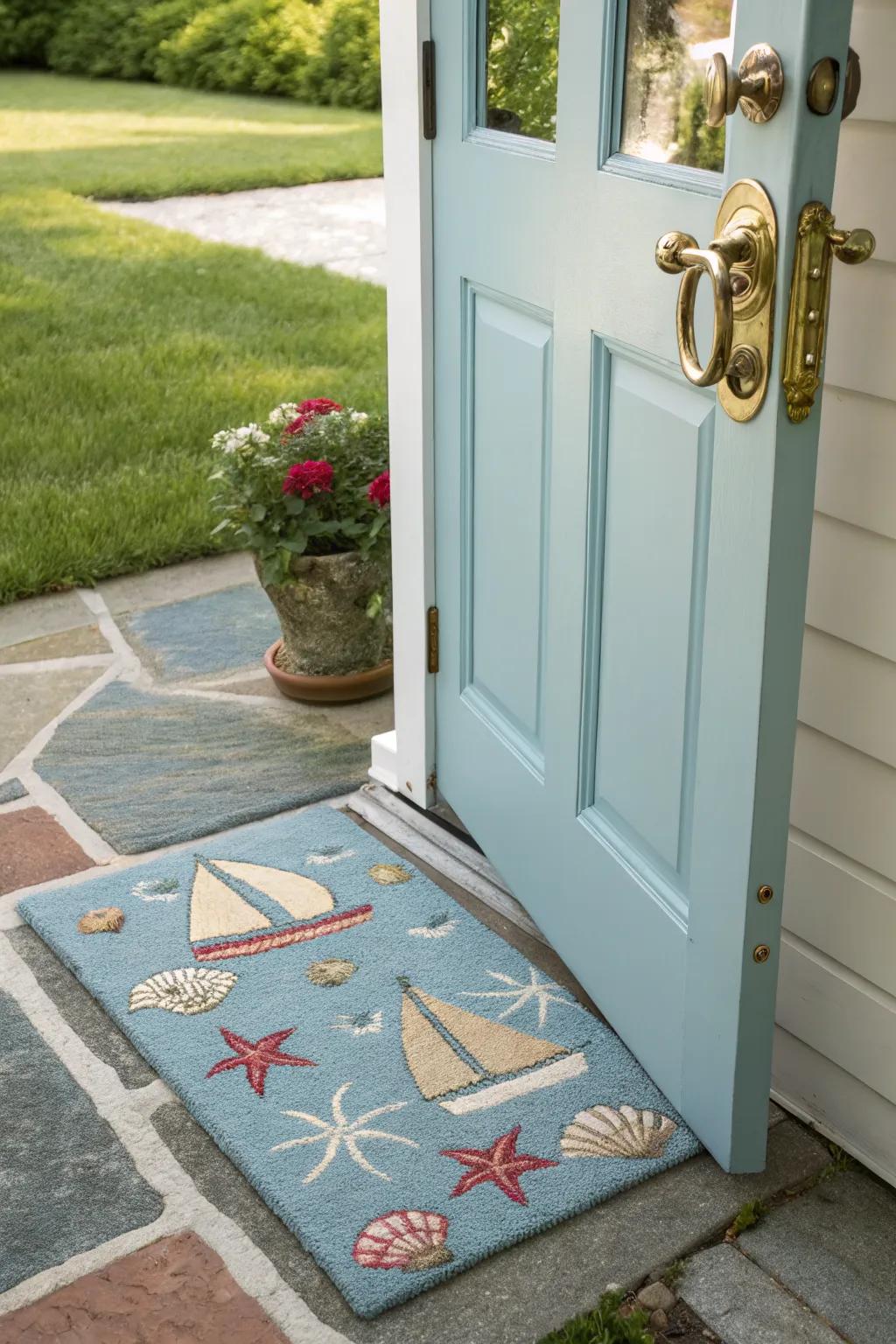 Coastal prints on a welcome mat set the tone for a beach-inspired entrance.
