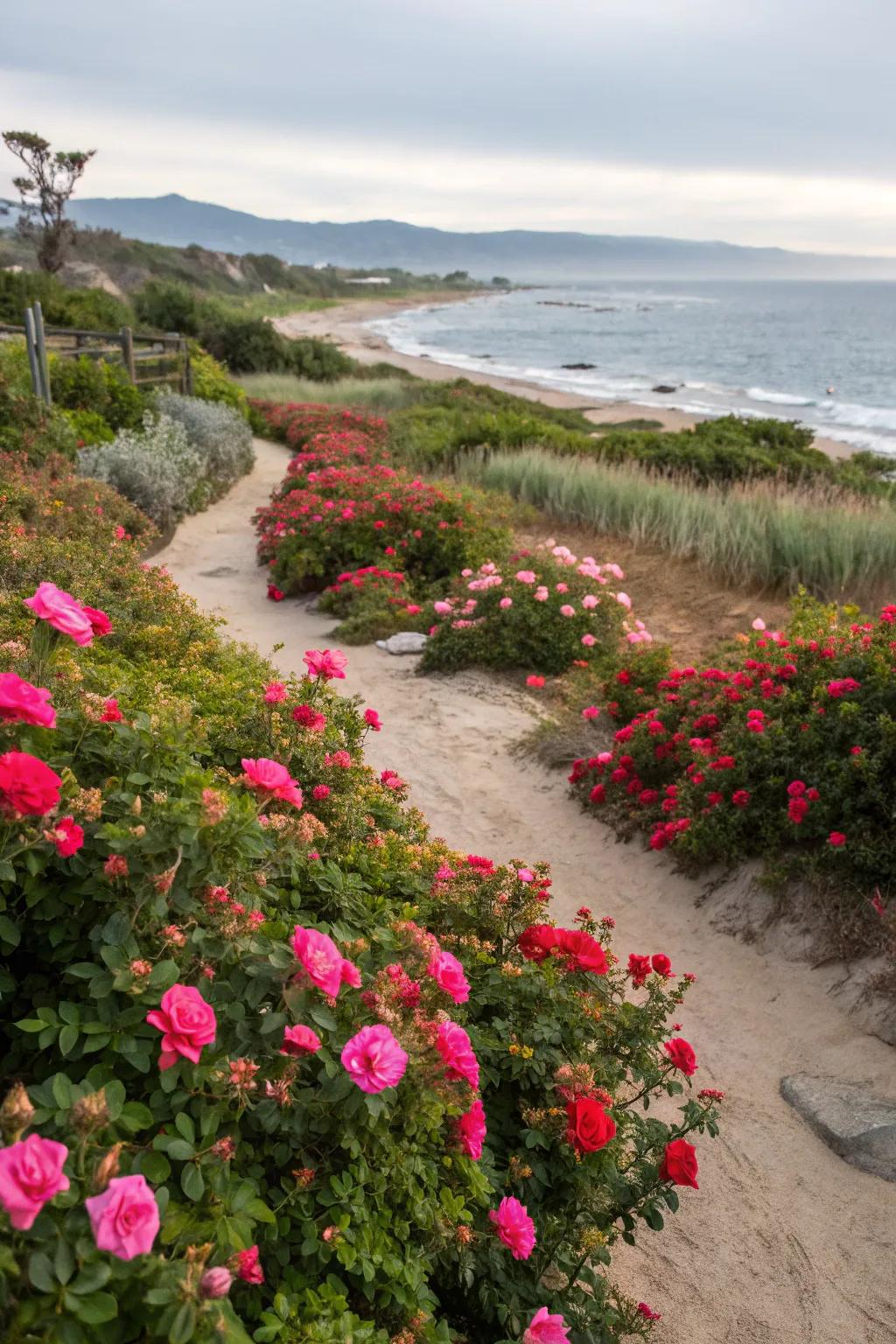 Beach roses thriving with vibrant blooms in a sandy garden.