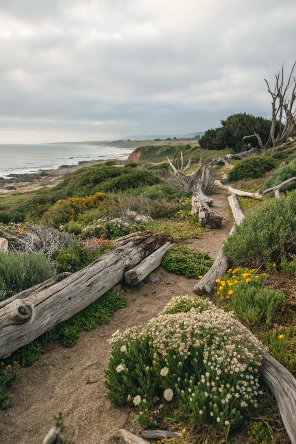 Driftwood adds rustic charm to a coastal garden.