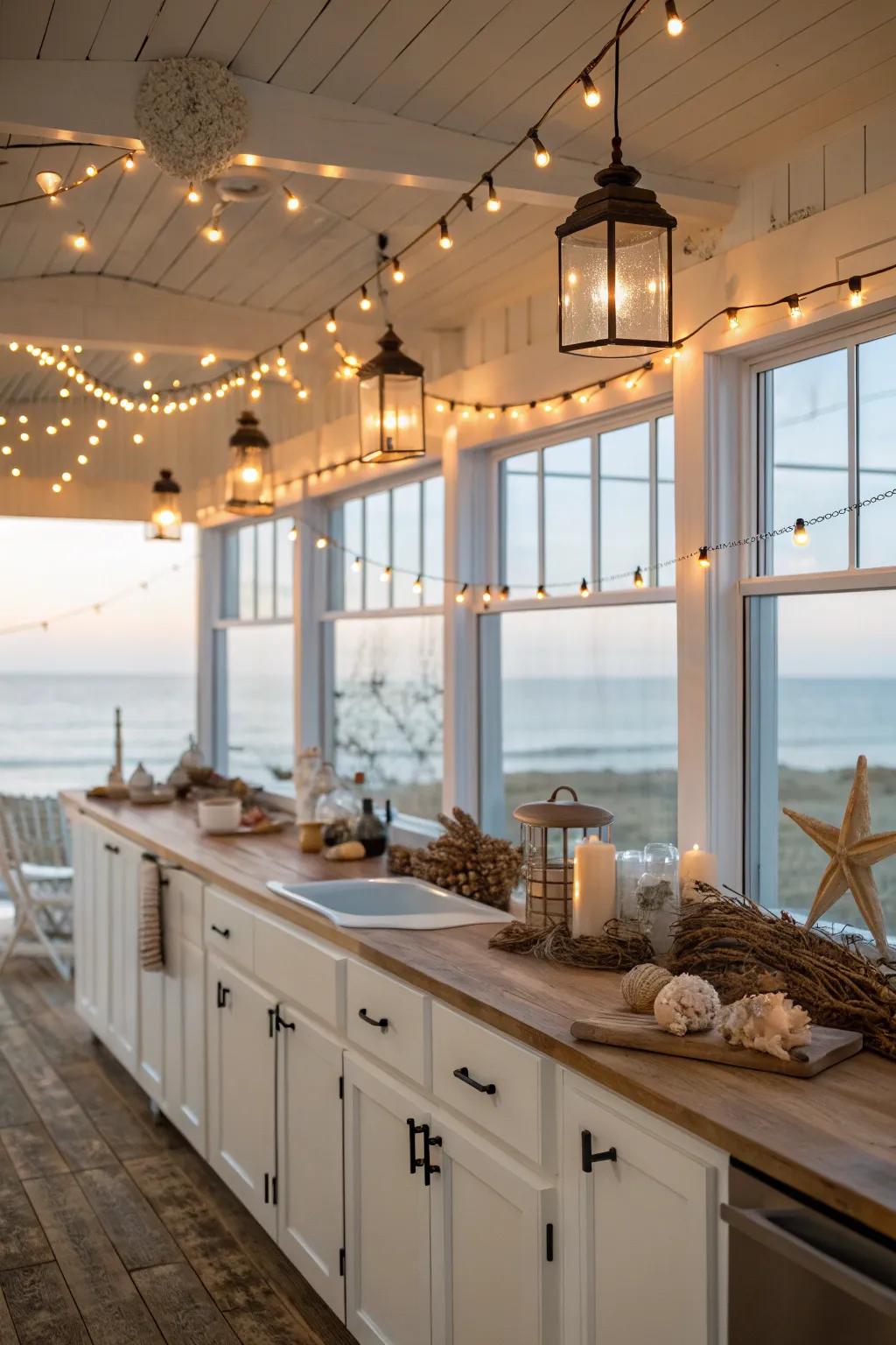 Kitchen illuminated by warm ambient lighting.