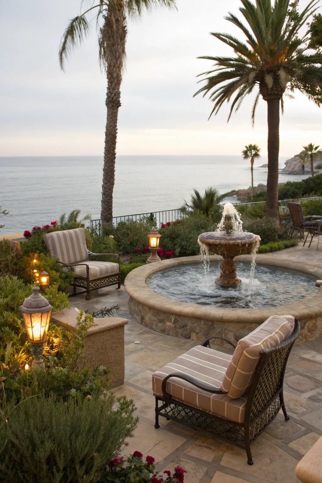 Water features add a calming element to a coastal patio.