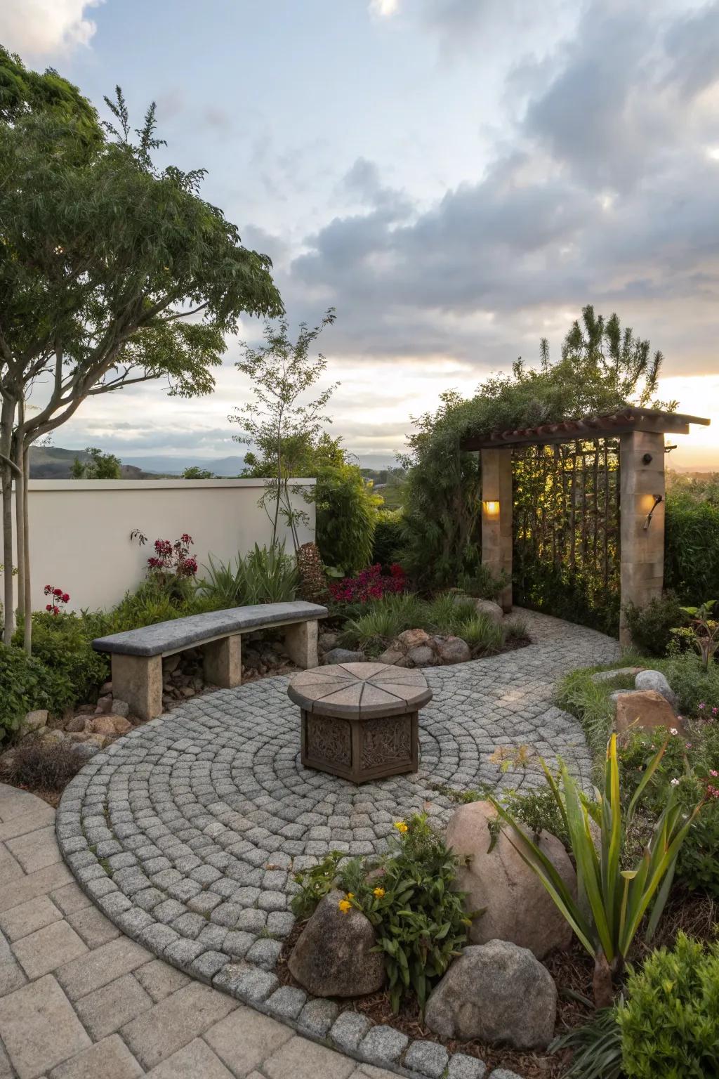 A peaceful cobblestone meditation corner perfect for relaxation.