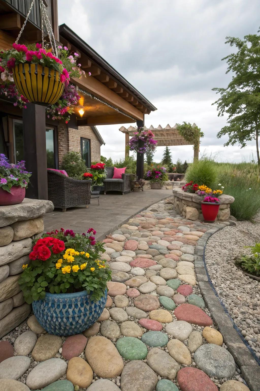 Brighten up your patio with colorful cobblestone accents.