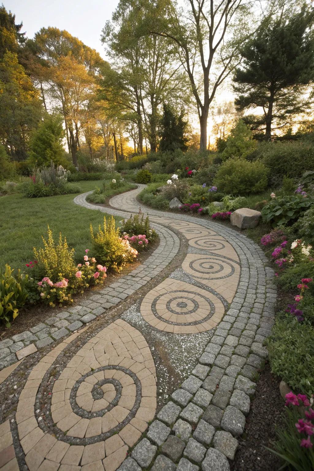 A whimsical cobblestone path with swirling patterns.