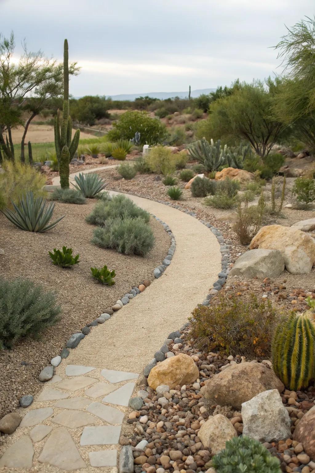 A permeable walkway offers eco-friendly access in a xeriscape.