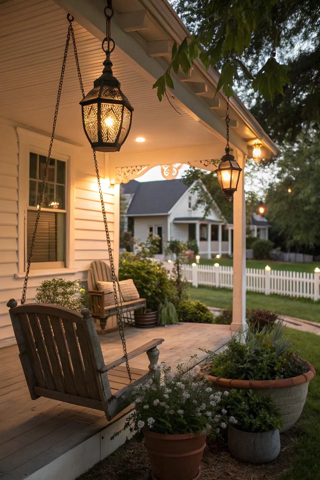 A porch with charming lanterns providing soft, ambient lighting.
