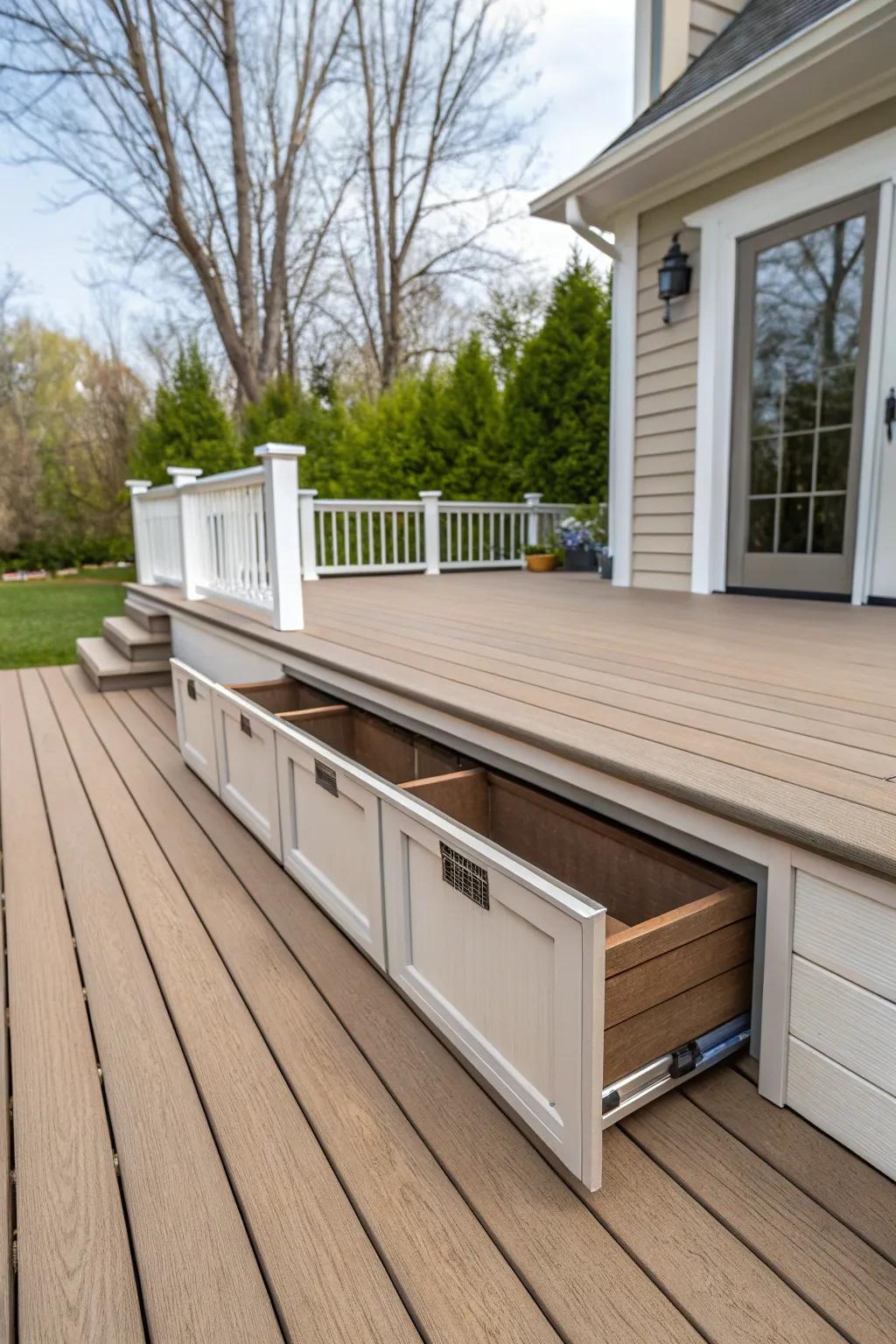 Composite deck featuring hidden storage, cleverly integrated into the skirting.