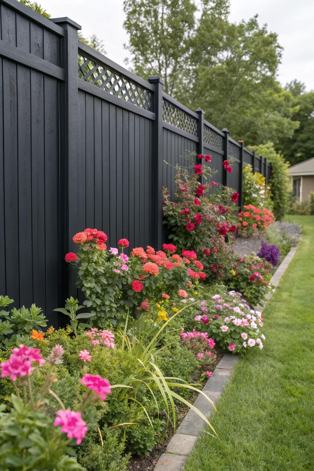 A dark composite fence offers a striking contrast to vibrant garden flowers.