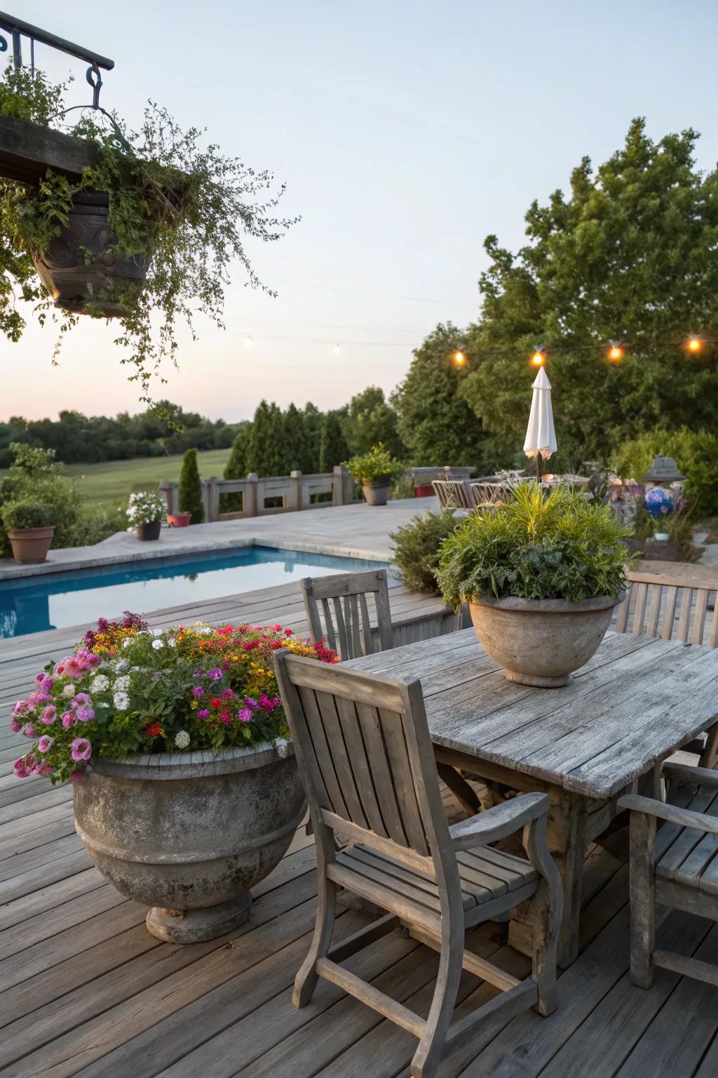 Rustic elements add charm to the modern composite deck.
