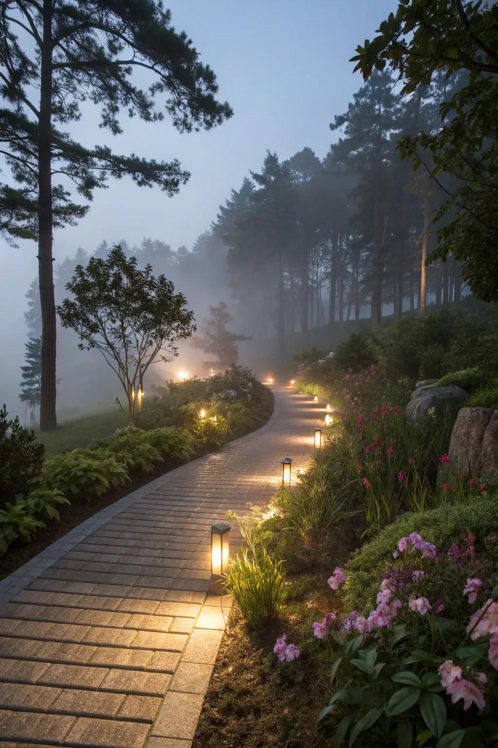 A magical illuminated composite walkway brightening the garden.