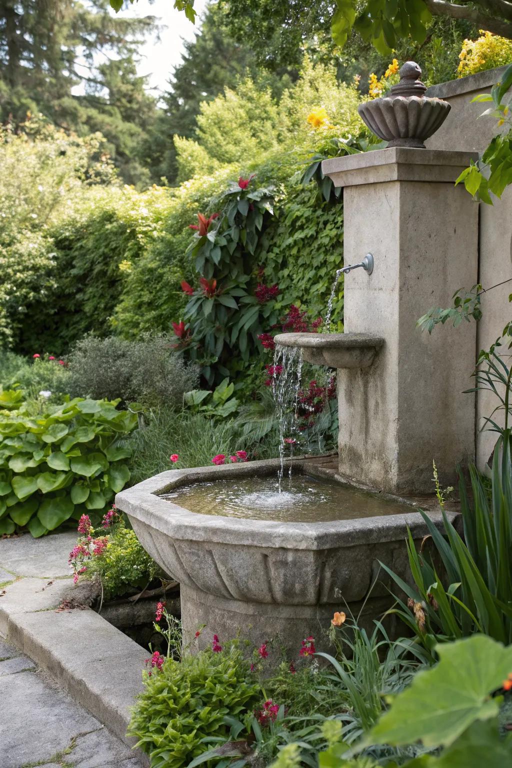 A small concrete fountain providing a soothing focal point in a garden.