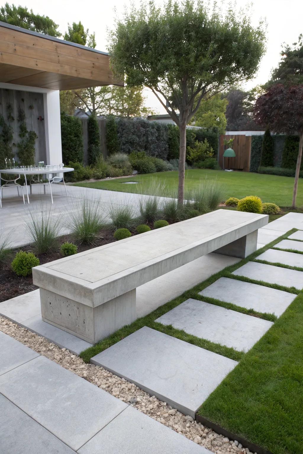 An illusion of floating adds intrigue and style to this concrete bench.