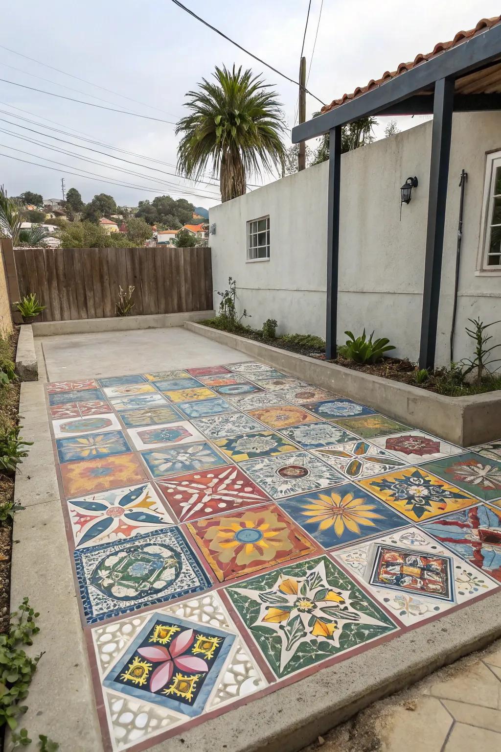 A patio with a vibrant and unique mosaic pattern.