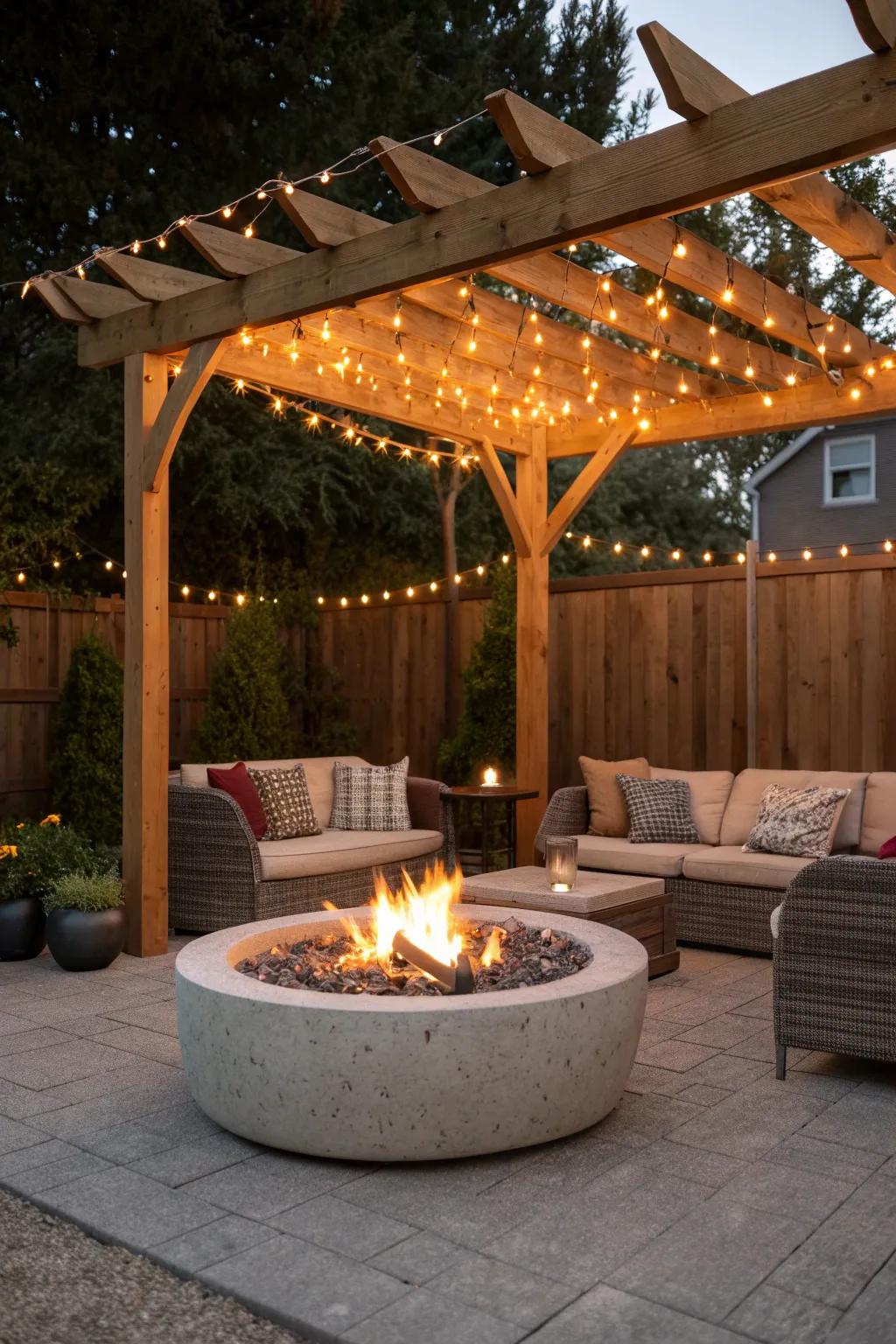 A pergola creates a cozy retreat around this fire pit.