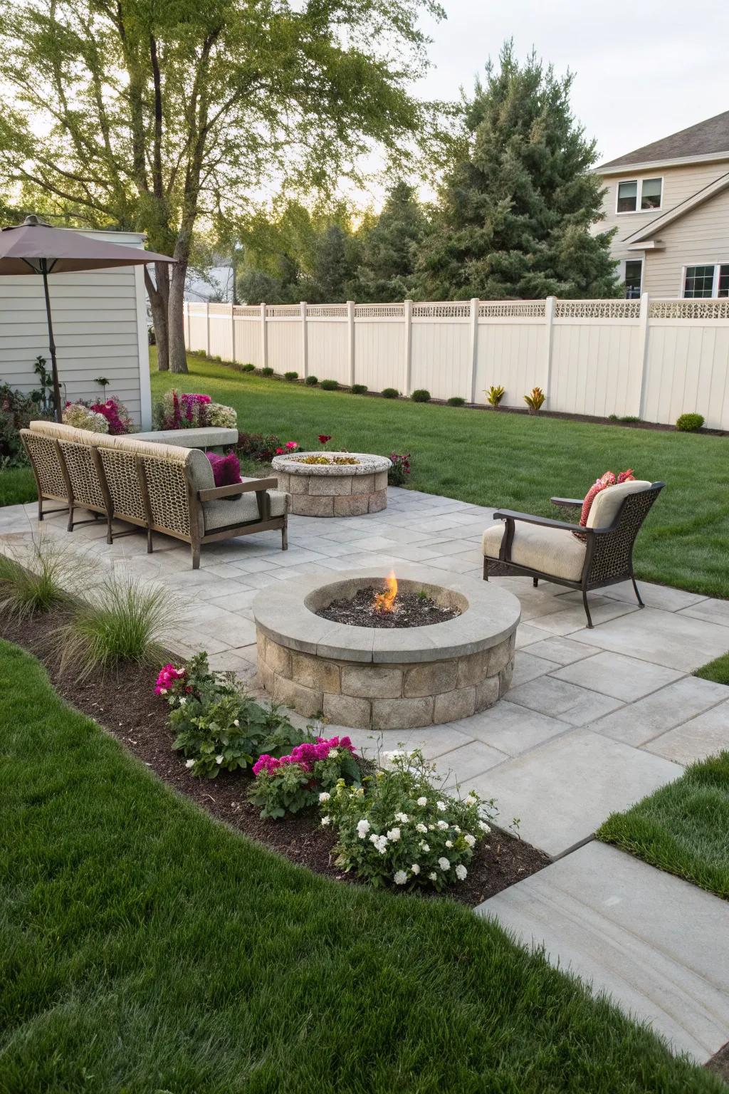 Gather around a concrete fire pit for warmth and ambiance.
