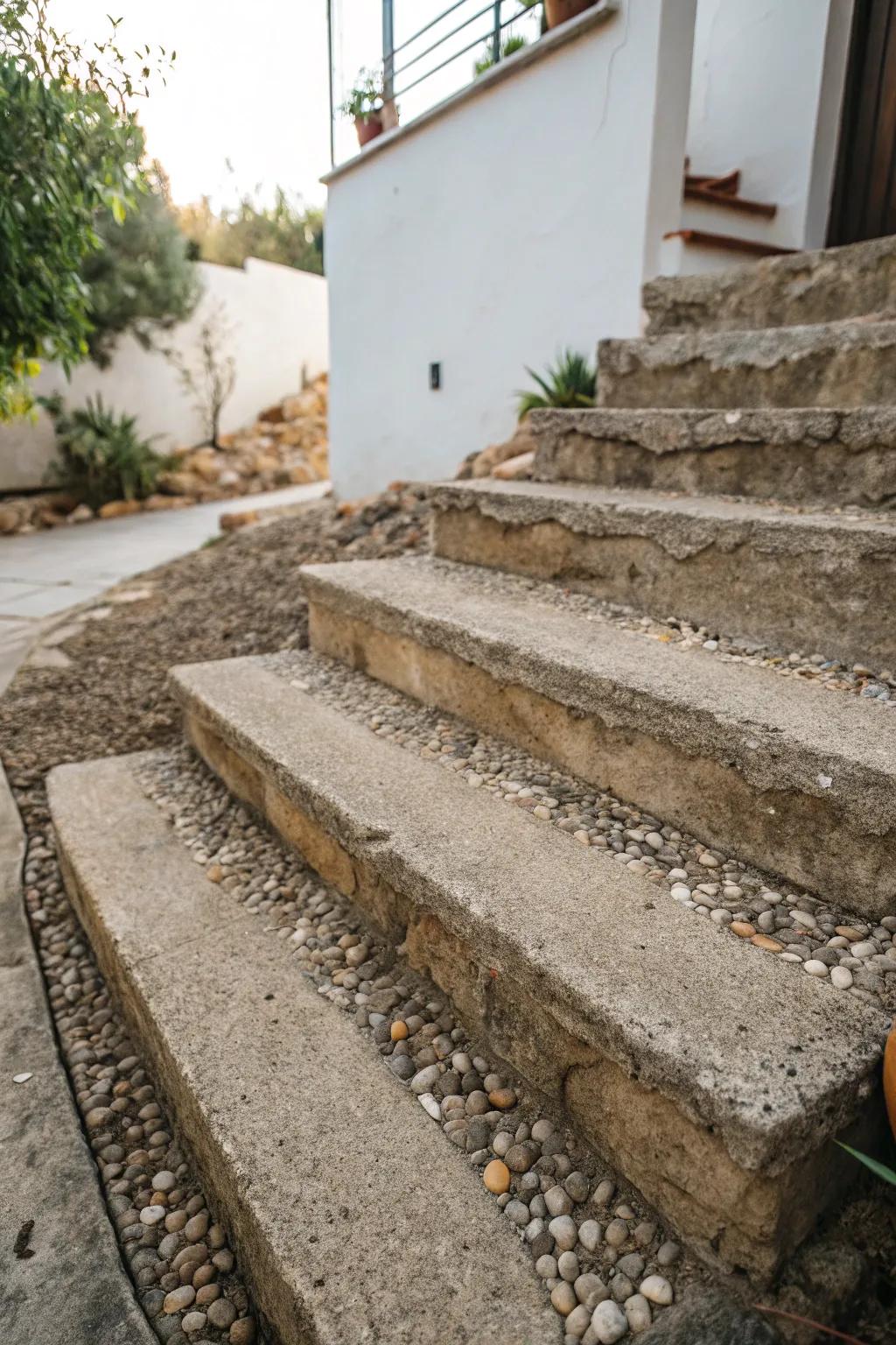 Exposed aggregate gives concrete stairs a rustic, natural appearance.