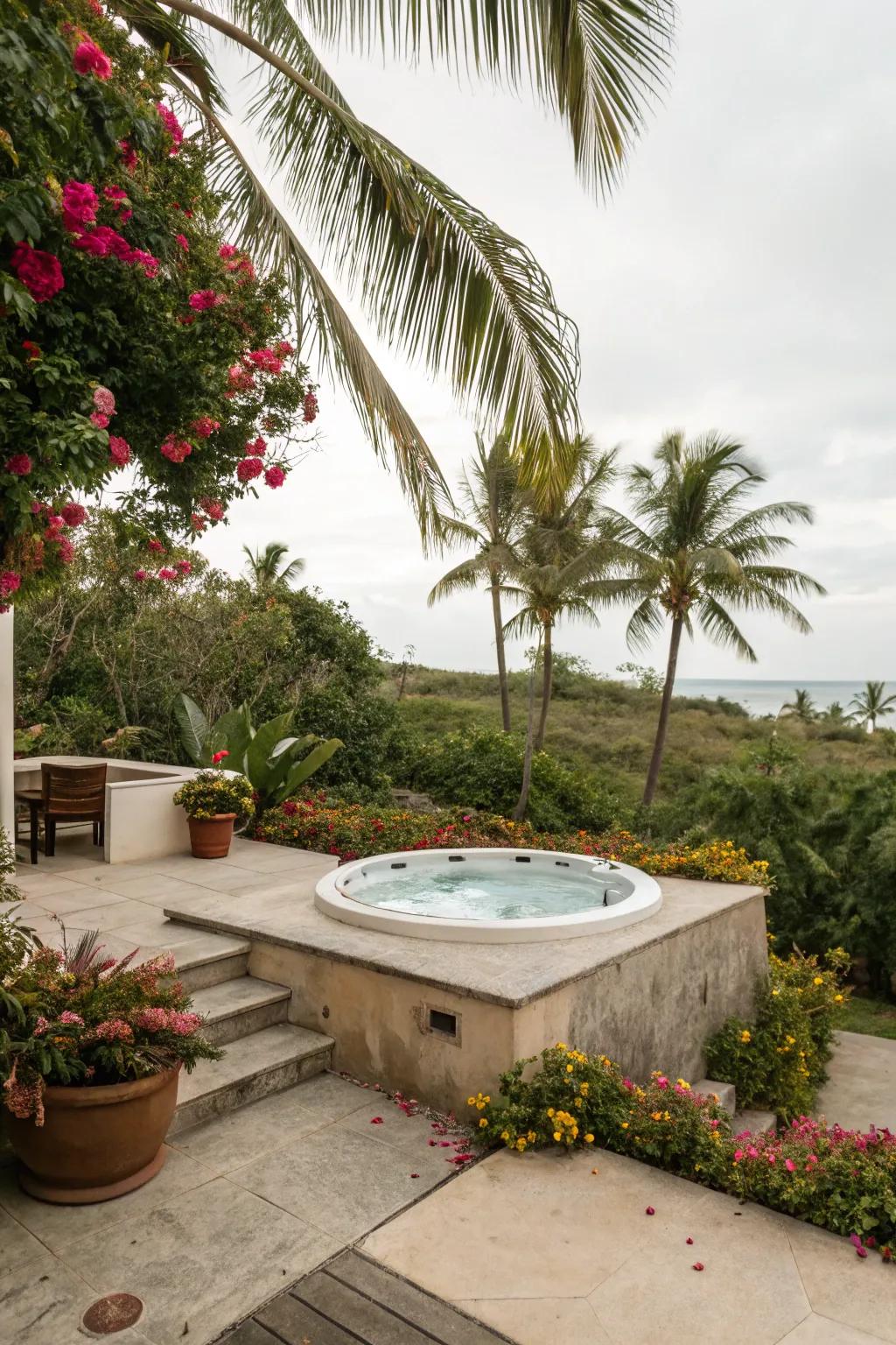 Tropical vibes transform a concrete patio into a vacation-like oasis with a hot tub.