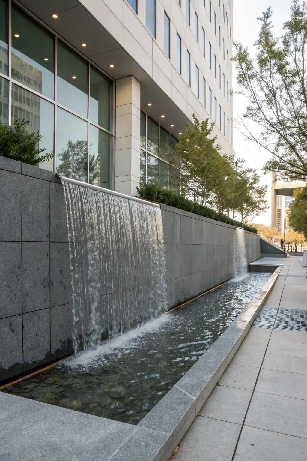 A sleek wall-mounted waterfall for a modern urban space.