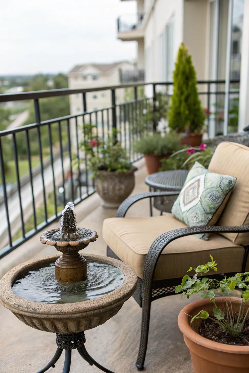 A small water fountain creating a calming atmosphere on a condo patio.