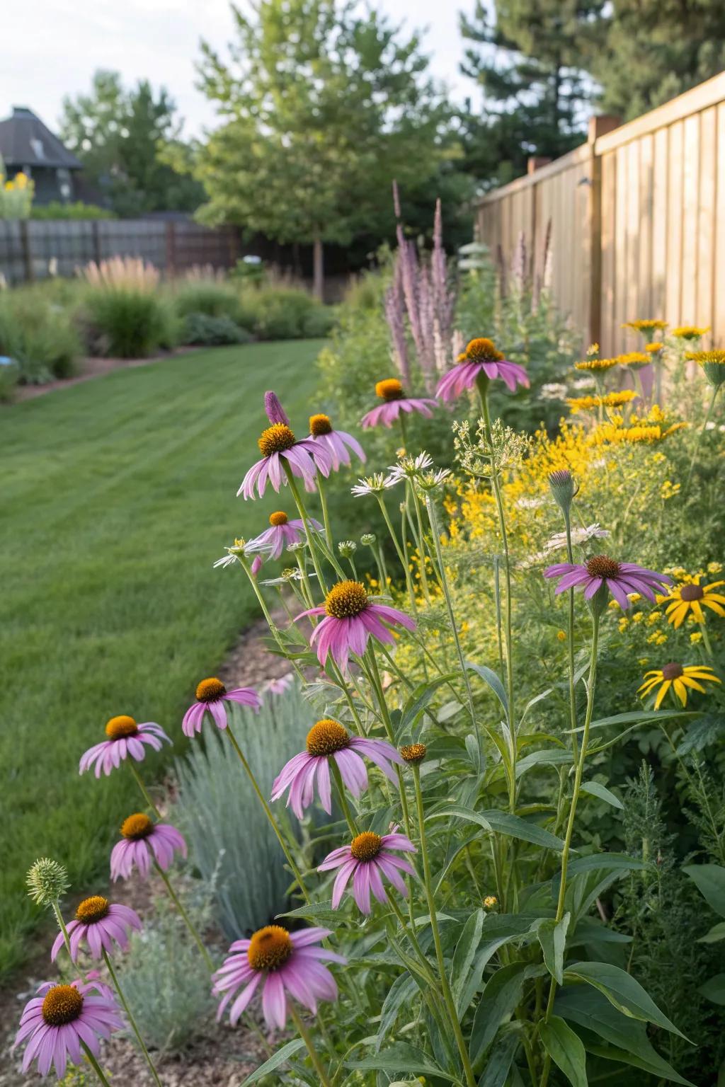 A sustainable, water-wise garden with coneflowers.