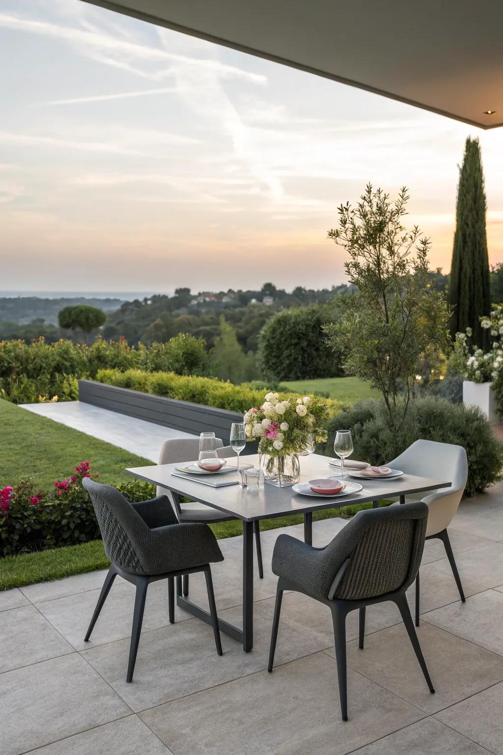 A contemporary patio featuring a stylish dining area.